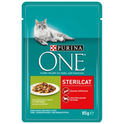 Purina ONE STERILCAT, 85 g. Visible Health for Today and Tomorrow. Zarte Stückchen in Sauce mit Truthahn und grünen Bohnen. Sin colorantes, conservantes ni aromatizantes artificiales.