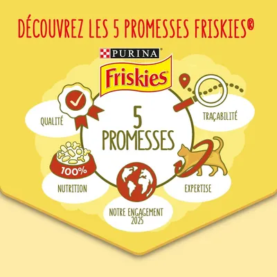 Texte : Découvrez les 5 promesses Friskies Purina. Qualité, traçabilité, expertise, nutrition 100 %, notre engagement 2025. Friskies et Purina visibles.