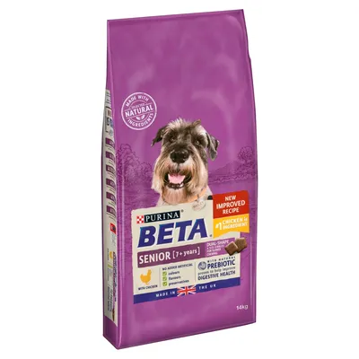 Bag labelled BETA Senior 7+ years with chicken, new improved recipe, no added artificial colours, flavours or preservatives, contains prebiotic for digestive health, 14kg.
