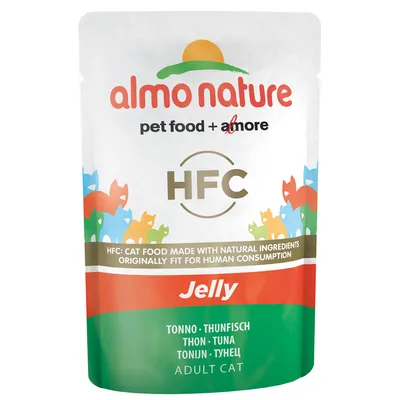 almo nature HFC Jelly thon, aliment pour chat adulte. Texte visible : HFC cat food made with natural ingredients originally fit for human consumption. Sachet avec motifs de chats colorés.