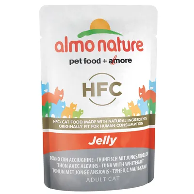 almo nature HFC Jelly, thon avec alevins, aliment pour chat adulte. Texte en anglais : cat food made with natural ingredients originally fit for human consumption.