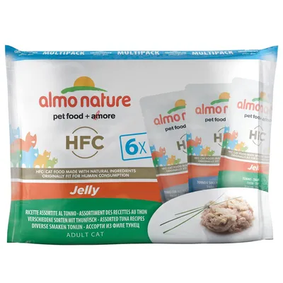 Pachet almo nature HFC Jelly pentru pisici adulte, 6x plicuri cu rețete asortate de ton. Text vizibil: 'HFC cat food made with natural ingredients originally fit for human consumption'.