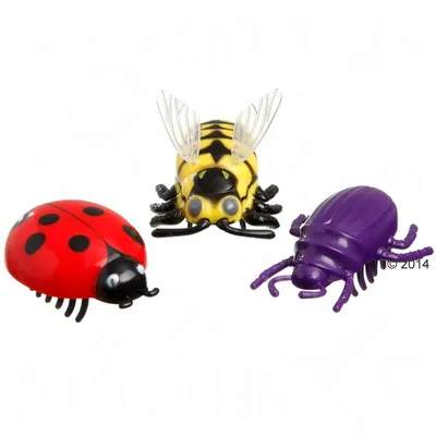 Tres juguetes de plástico con forma de insectos: una mariquita roja con puntos negros, una abeja amarilla con alas transparentes y un escarabajo morado.