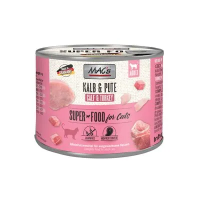 MAC's Kalb & Pute Calf & Turkey natvoer voor katten, Super Food for Cats, Adult, gemaakt in Duitsland. Tekst: grainfree, high meat content. Blik met roze etiket en vleesafbeeldingen.