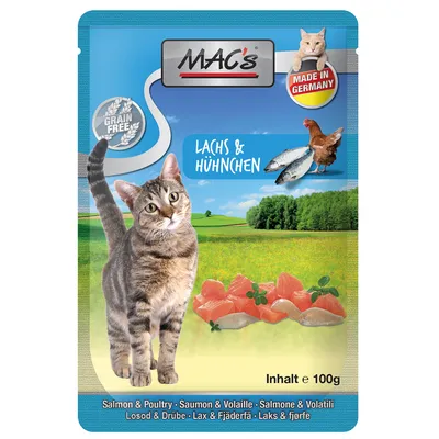 Опаковка MAC's, Lachs & Huhnchen, 100 г. Изображения на котка, сьомга и пиле. Текст: Grain Free, Made in Germany. Съдържание на различни езици долу.