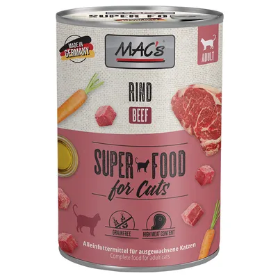MAC's Super Food for Cats, manzo. Alimento completo per gatti adulti. Made in Germany, senza cereali, alto contenuto di carne.