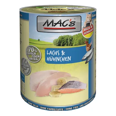 MAC's Lachs & Huhn natvoer, 70% vlees- en visgehalte, graanvrij, Made in Germany. Afbeeldingen van kipfilet, zalm, banaan, kip en vis op het etiket.