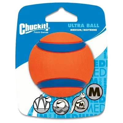 Chuckit! Ultra Ball Medium, oranje met blauwe strepen. Symbolen tonen waterbestendig, stuiterend en robuust. Maat M.