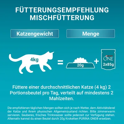 Conseils d’alimentation pour chat de 4 kg : 20 g de croquettes PURINA ONE + 2 sachets de 85 g par jour, à répartir sur au moins 2 repas. Texte en allemand.