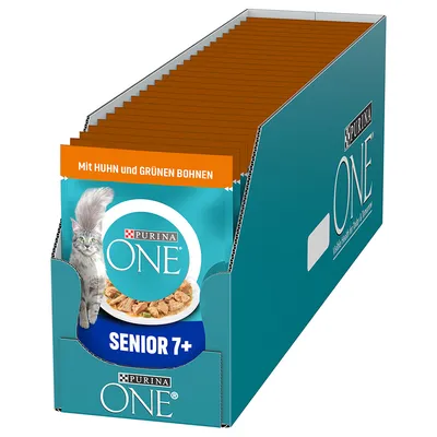 Boîte de sachets Purina ONE Senior 7+ pour chat, texte visible : Mit HUHN und GRÜNEN BOHNEN, image d’un chat et d’une assiette de nourriture.