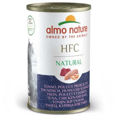 Almo Nature HFC Natural. Složení: tuňák, kuře a šunka. 100 % zisku pro přírodu. Obrázek kočičí hlavy na obalu.