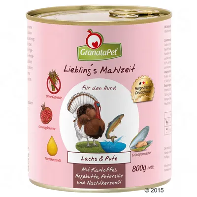 Консервы GranataPet для собак, Lachs & Pute, 800 г. Видны изображения индейки, рыбы, мидии, граната, масло, надписи: Ohne Getreide, Hergestellt in Deutschland.
