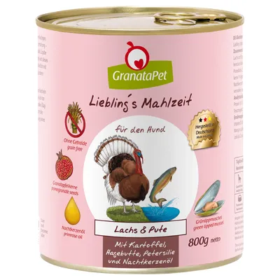 GranataPet Lieblings Mahlzeit dla psa, łosoś i indyk, bez zbóż, z ziemniakami, dziką różą, pietruszką i olejem z wiesiołka. Wyprodukowano w Niemczech. 800g netto.
