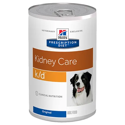 Conservă Hill's Prescription Diet Kidney Care k/d pentru câini, text vizibil: Clinical Nutrition, Original, imagine cu un câine pe etichetă.
