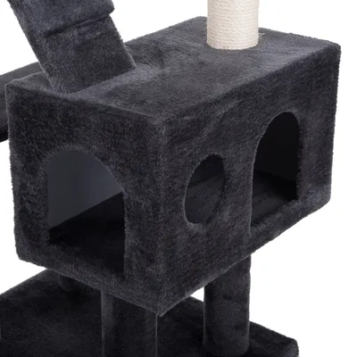 Krabpaal met donkergrijze pluche bekleding, rechthoekige schuilplaats met twee openingen en sisal omwikkelde krabstam.