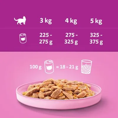 Voedingsadvies voor katten: 3 kg 225–275 g, 4 kg 275–325 g, 5 kg 325–375 g natvoer per dag. 100 g natvoer = 18–21 g droogvoer.