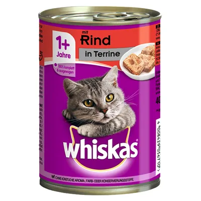 Whiskas kattenvoer blik, 1+ Jahre, mit Rind in Terrine, afbeelding van grijze kat en stukjes vlees, 100% komplett & ausgewogen, zonder kunstmatige aroma’s, kleur- of conserveermiddelen.