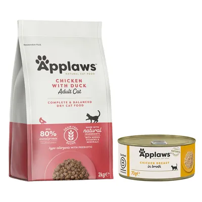 Pienso seco Applaws Chicken with Duck Adult Cat 2 kg y lata Applaws Chicken Breast in Broth 70 g, visibles textos: min. 80 % animal protein, grain free recipe, made with natural ingredients.