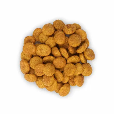 Croquettes rondes de couleur brune, présentées en tas sur fond blanc. Aucun emballage ni marque visible.