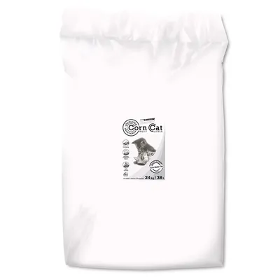 Vreća s etiketom Corn Cat Litter, slika mačke, tekst: 24 kg / 38 L. Vidljive oznake i certifikati na etiketi.