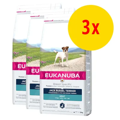 Lot de 3 sacs Eukanuba Breed Specific Jack Russel Terrier Adult, 2 kg chacun, pour chiens adultes. Texte visible : Parson Russells, Fox and Border Terriers, +1 Year.