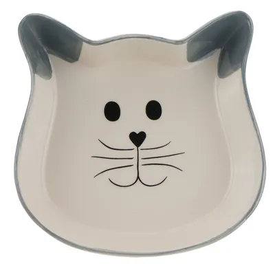 Bol ceramic în formă de pisică, cu margine gri și design cu față de pisică neagră, potrivit pentru hrană sau apă.