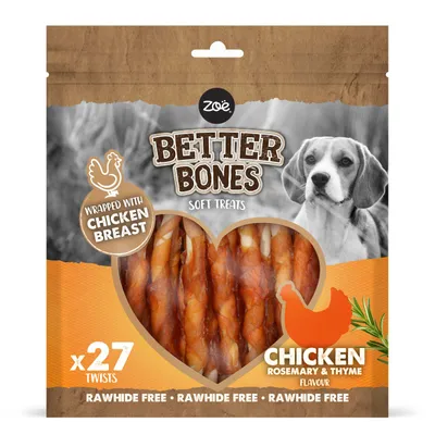 Zoë Better Bones Soft Treats, 27 stk., omviklet med kyllingebryst, smag af kylling, rosmarin & timian, uden råhud. Zoë Better Bones Soft Treats, 27 stk., omviklet med kyllingebryst, smag af kylling, rosmarin & timian, uden råhud.