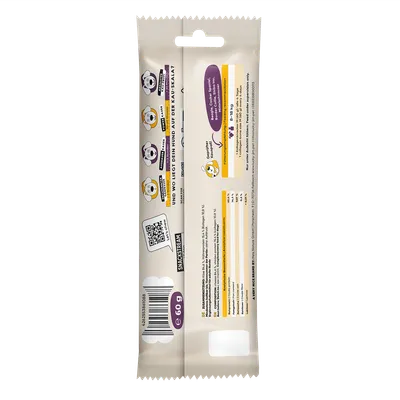 Fodringsanbefaling for hunde efter vægt, vurderingsskala med 5 kriterier, QR-kode, produktvægt 60 g, Snackstream, ingredienser og analyseværdier synlige. Fodringsanbefaling for hunde efter vægt, vurderingsskala med 5 kriterier, QR-kode, produktvægt 60 g, Snackstream, ingredienser og analyseværdier synlige.