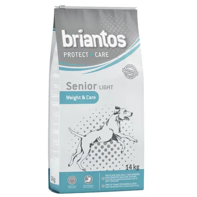 Briantos Protect + Care Senior Light Weight & Care dry dog food, 14kg bag. Text: For older dogs aged 7 and upwards with sensitive digestive systems. Free of grain containing gluten.