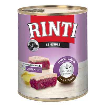 Lata de comida para perros Rinti Sensible. Texto visible: 100 % ganso, solo 1 proteína animal, sin gluten, para perros sensibles, con patata. Etiquetas en alemán.