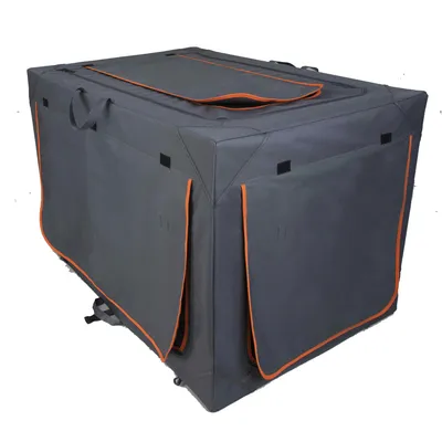 Transport box made of grey fabric with orange seams, multiple pockets and handles. Visible zips for access and ventilation.