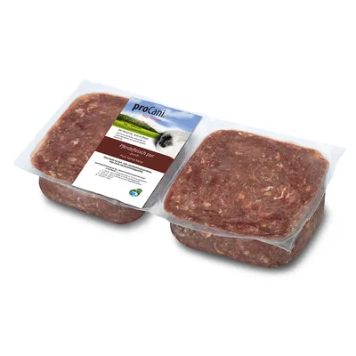 proCani Pferdefleisch pur, tiefgefroren, ohne Zusatzstoffe, für Hunde. Verpackung mit zwei Portionen Fleisch. DE-ÖKO-001 Bio-Zertifikat sichtbar.