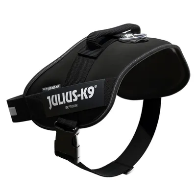 Julius-K9 IDC Power dog harness in black with handle and adjustable strap.