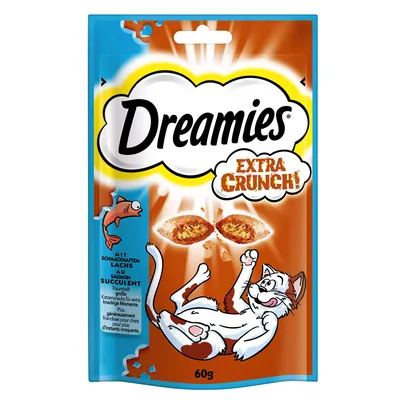 Dreamies Extra Crunch mit schmackhaftem Lachs, knusprige Katzensnacks für extra knackige Momente, Packungsgröße 60g.