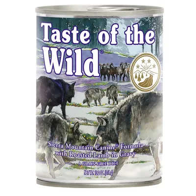 Taste of the Wild Sierra Mountain Canine Formula with Roasted Lamb in Gravy, A Grain-Free Diet, 374 g. Testo in inglese sull'etichetta della lattina.