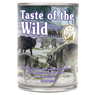 Taste of the Wild Sierra Mountain Canine Formula with Roasted Lamb in Gravy, puszka 374 g. Widoczny tekst: A grain-free diet, net wt 13.2 oz (374 g).