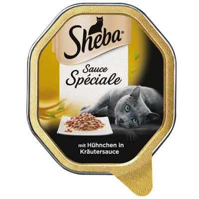 Sheba Sauce Spéciale, mit Huhnchen in Kräutersauce. Billede af kat og tallerken med vådfoder på emballagen.