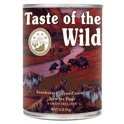 Burk med Taste of the Wild Southwest Canyon Canine Stew for Dogs, A Grain-Free Diet, nettovikt 374 g. Illustration av djur vid flod på etiketten.