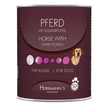 Lata de Herrmann's Manufaktur para perros, sabor caballo con batata. Texto visible en alemán e inglés: 'Horse with sweet potato'. Sello CO2 neutral y foto de un perro en la etiqueta.