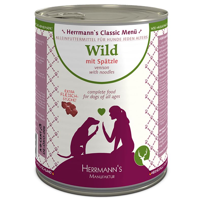 Консерва Herrmann's Classic Menu Wild mit Spätzle для собак, надписи: venison with noodles, complete food for dogs of all ages, extra Fleischstücke, изображение собаки и человека.