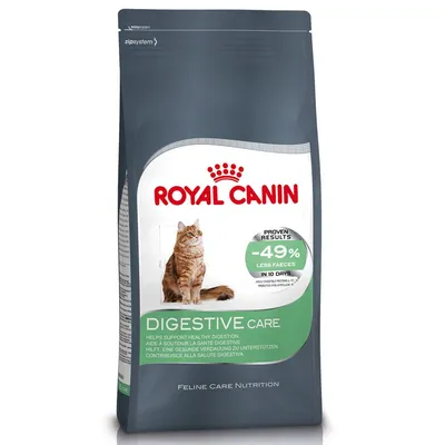 Royal Canin Digestive Care pre mačky, nápis: -49 % less faeces in 10 days, obrázok mačky na obale. Feline Care Nutrition. Text v angličtine.