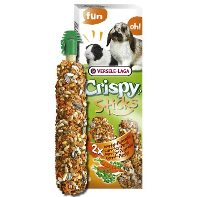 Versele-Laga Crispy Sticks, 2x marchew i pietruszka. Opakowanie przedstawia królika i świnkę morską z napisem 'fun' i 'oh!'.