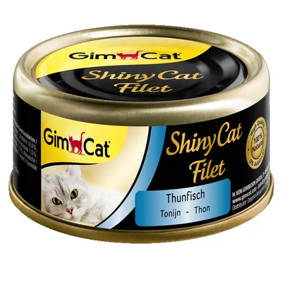GimCat Shiny Cat Filet Thunfisch, 100% natürliche Zutaten, Dose mit Katzenmotiv.