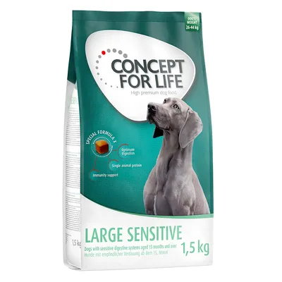 Sac Concept for Life Large Sensitive 1,5 kg, texte visible : Special Formula, Optimum digestion, Single animal protein, Immunity support, Dog's weight 26–44 kg.