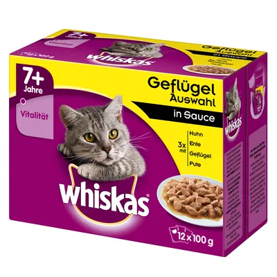 Whiskas Geflügel Auswahl in Sauce, 12 x 100 g, pentru pisici de peste 7 ani. Sortimente: Huhn, Ente, Geflügel, Pute. Text vizibil: Vitalität, 7+ Jahre.