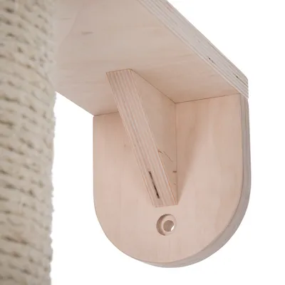 Close-up of a wooden holder with screw hole and sisal rope, suitable for scratching post constructions.