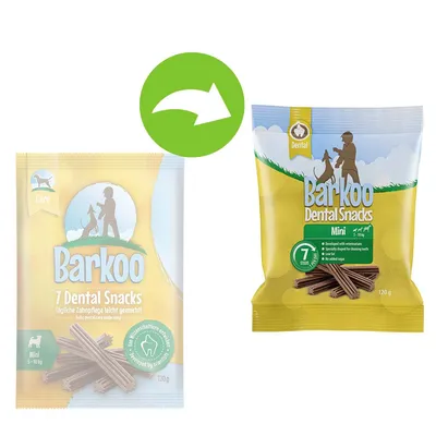 Verpakkingswijziging: Barkoo Dental Snacks Mini, 7 stuks, 120 g. Links oude verpakking, rechts nieuwe verpakking met dezelfde productnaam en hoeveelheid.