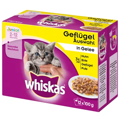 Pachet Whiskas Junior 2–12 Monate, Geflügel Auswahl in Gelee, 12 x 100 g. Vizibil: imagine pisoi, farfurie cu hrană umedă, text în germană despre sortimente și creștere sănătoasă.