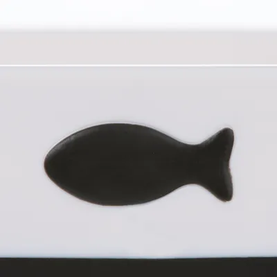 Black fish symbol on white background, possibly decorative element or indication of product content.