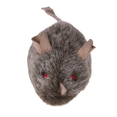 Plush mouse cat toy with grey faux fur, brown fabric ears and tail, and red stitched eyes, shown on white background.